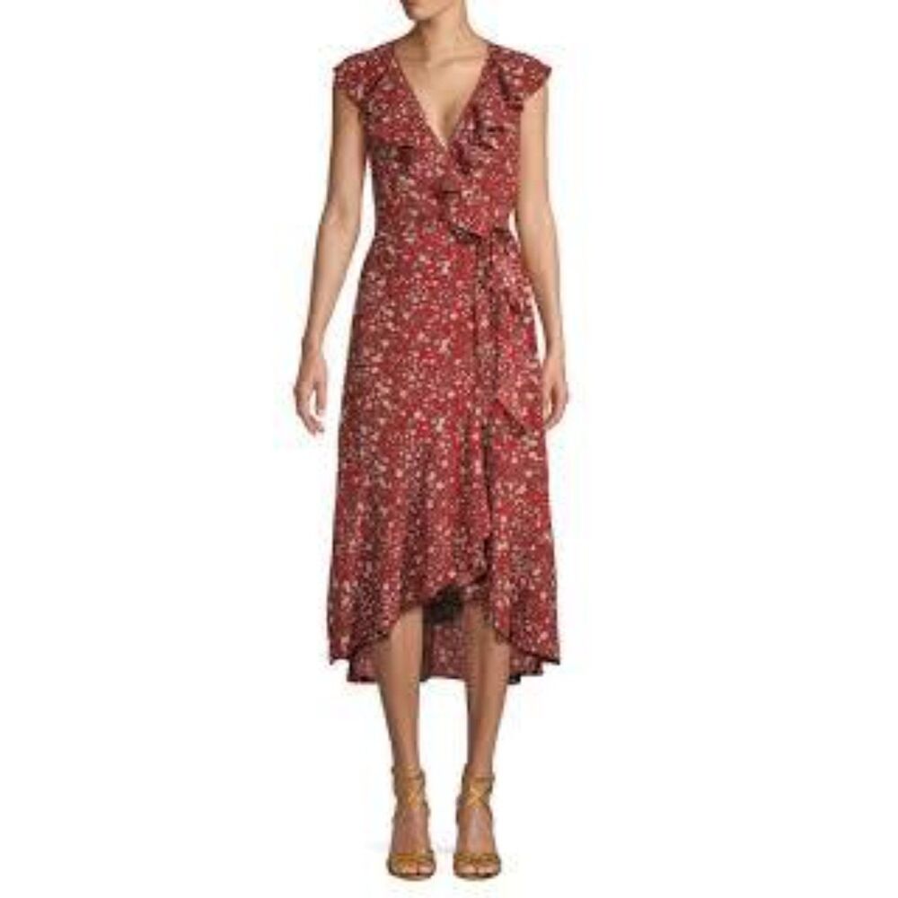 Max Studio Floral Ruffle Crepe High Low Wrap Midi Dress size L
